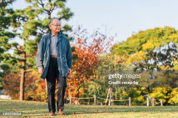 uomo adulto anziano che si diverte a fare una passeggiata nella natura - front on portrait older full body foto e immagini stock