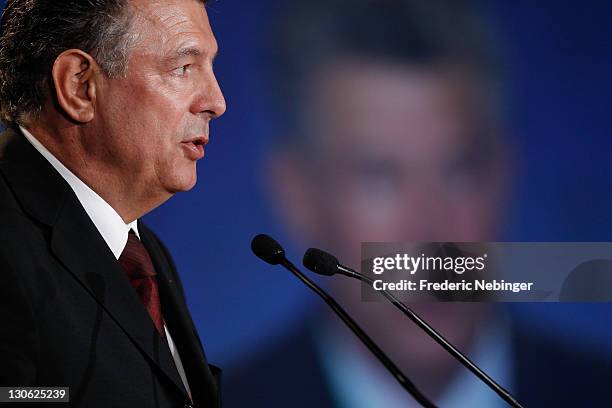 Joel Bouzou gives a speech during Plenary Sessions at the Peace & Sport 5th International Forum at Hotel Fairmont on October 27, 2011 in Monaco,...