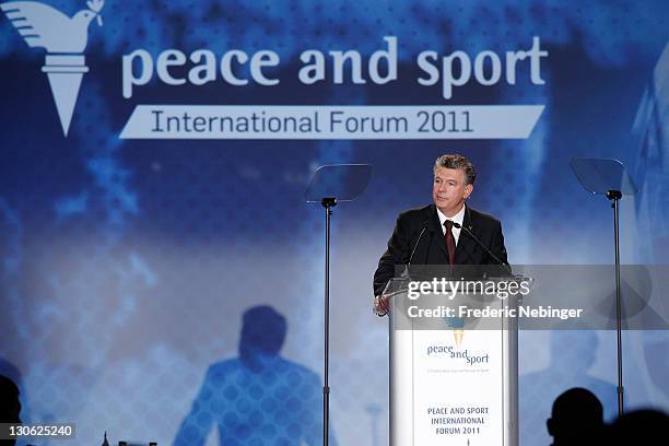 Joel Bouzou gives a speech during Plenary Sessions at the Peace & Sport 5th International Forum at Hotel Fairmont on October 27, 2011 in Monaco,...