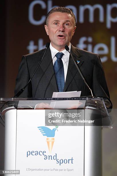 Sergey Bubka gives a speech during Plenary Sessions at the Peace & Sport 5th International Forum at Hotel Fairmont on October 27, 2011 in Monaco,...