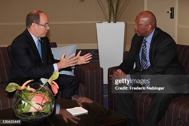 Prince Albert II of Monaco and H.M King Letsie III of Lesotho talk during Plenary Sessions at the Peace & Sport 5th International Forum at Hotel...