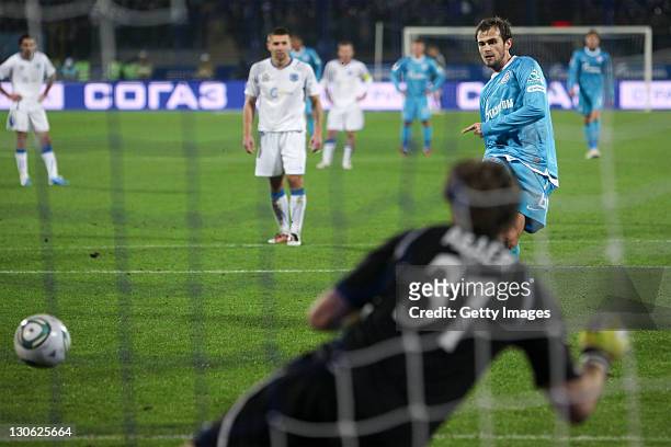 Danko Lazovic of FC Zenit St. Petersburg shoots and scores a penalty during the Russian Football League Championship match between FC Zenit St....