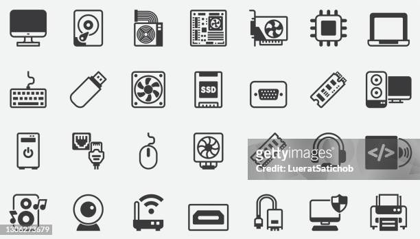 ilustrações de stock, clip art, desenhos animados e ícones de computer components accessories hardware store  concept icons - peça de computador