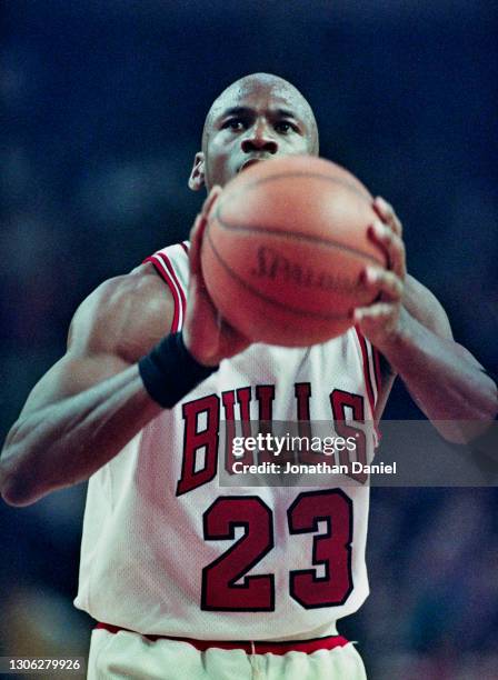 Michael Jordan, Shooting Guard for the Chicago Bulls prepares to make a free throw shot during Game 1 of the NBA Eastern Conference Semi Final...