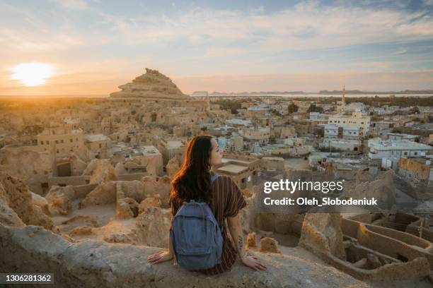 mujer mirando la vista panorámica del oasis de siwa al atardecer - egypt fotografías e imágenes de stock