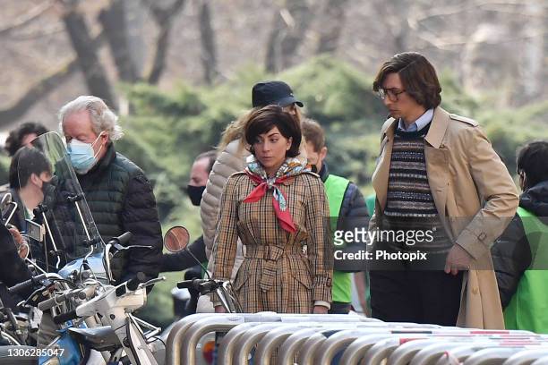 Director Ridley Scott, Lady Gaga and Adam Driver are seen filming "House of Gucci" movie on March 10, 2021 in Milan, Italy.
