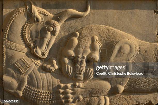 iran, unesco world heritage site,  persepolis, apadana eastern stairs, bas relief of a lion attacking a bull"n - persian new year stock pictures, royalty-free photos & images