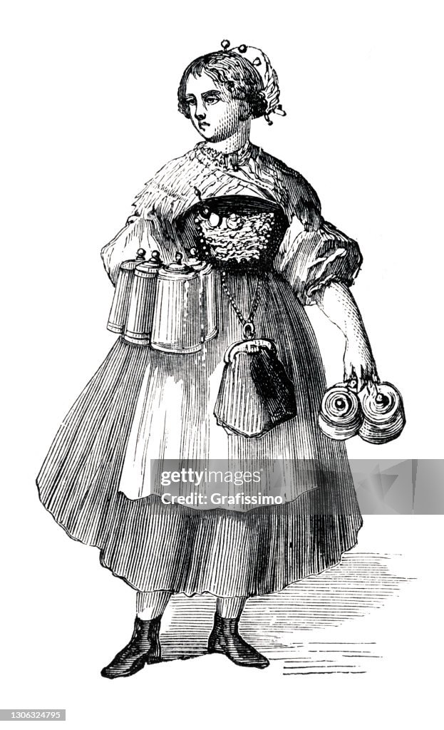 Waitress serving beer in traditional clothing in Bavaria Germany 1862