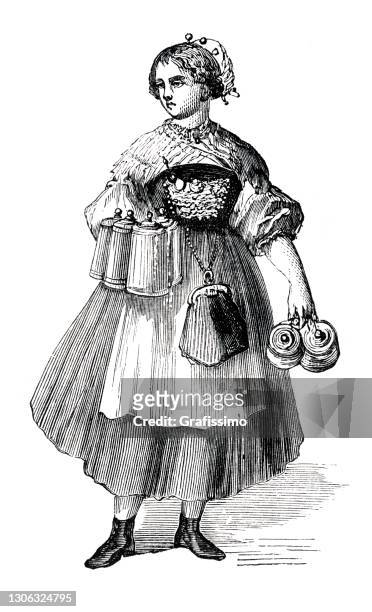 waitress serving beer in traditional clothing in bavaria germany 1862 - waitress stock illustrations