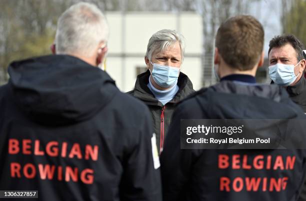 King Philippe of Belgium attends a biomechanics analysis on open water by Sports Flanders Light Double Scull rowing team Brys-Van Zandweghe that is...