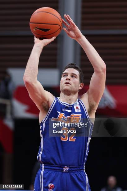 Jimmer Fredette of Shanghai Sharks shoots the ball during 2020/2021 Chinese Basketball Association League match between Shanghai Sharks and Qingdao...