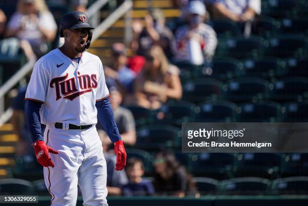 Keon Broxton of the Minnesota Twins celebrates a home run during a spring training game against the Tampa Bay Rays on March 7, 2021 at the Hammond...