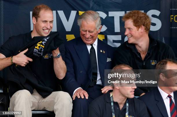 Prince William, Duke of Cambridge, Prince Charles, Prince of Wales & Prince Harry watch the athletics during the Invictus Games at the Lee Valley...