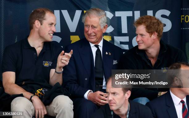 Prince William, Duke of Cambridge, Prince Charles, Prince of Wales & Prince Harry watch the athletics during the Invictus Games at the Lee Valley...