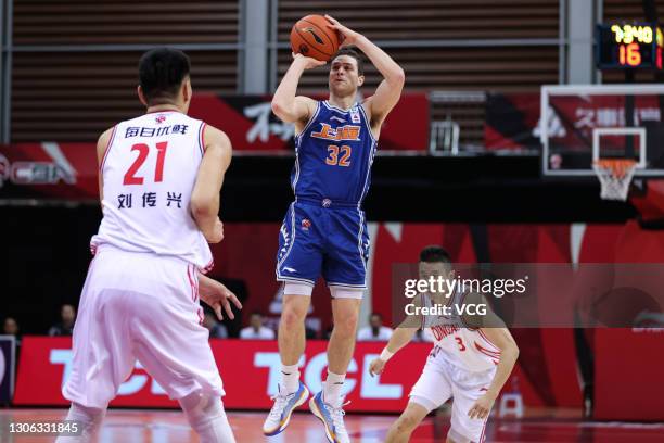 Jimmer Fredette of Shanghai Sharks shoots the ball during 2020/2021 Chinese Basketball Association League match between Shanghai Sharks and Qingdao...