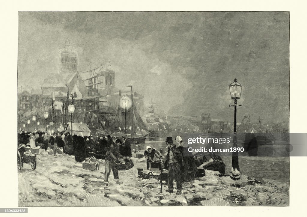 Dusk in Amsterdam, Netherlands, Victorian Art 19th Century