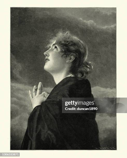 portrait of a young woman praying to heaven, bliss , victorian art 19th century - woman praying stock illustrations