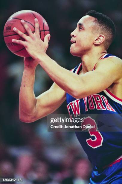 John Starks, Shooting Guard for the New York Knicks prepares to shoot a free throw during Game 3 of the NBA Eastern Conference Semi Final Playoff...