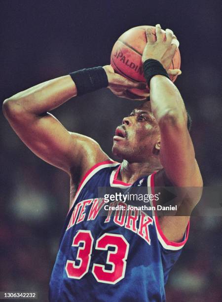Patrick Ewing, Power Forward and Center for the New York Knicks prepares to shoot a free throw during Game 6 of the NBA Eastern Conference Semi Final...