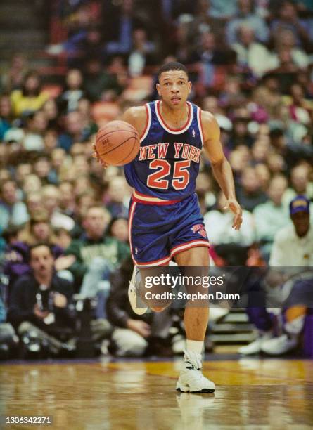 Doc Rivers, Point Guard for the New York Knicks dribbles the ball down court during the NBA Pacific Division basketball game against the Los Angeles...