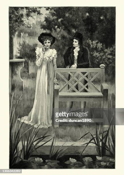 young man flirting with a woman, victorian romance 19th century - historical romance stock illustrations