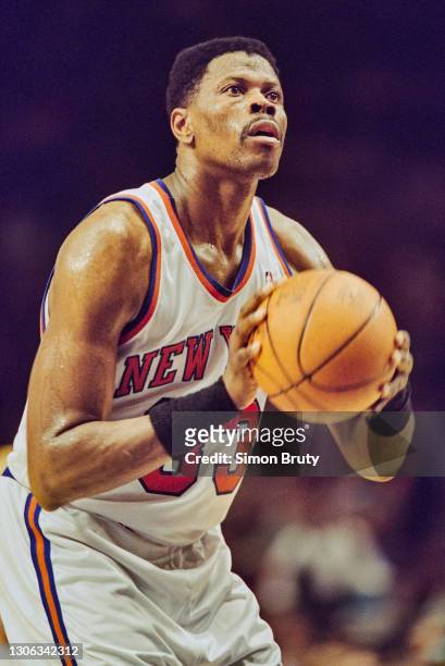 Patrick Ewing, Power Forward and Center for the New York Knicks prepares to shoot a free throw during the NBA Atlantic Division basketball game...