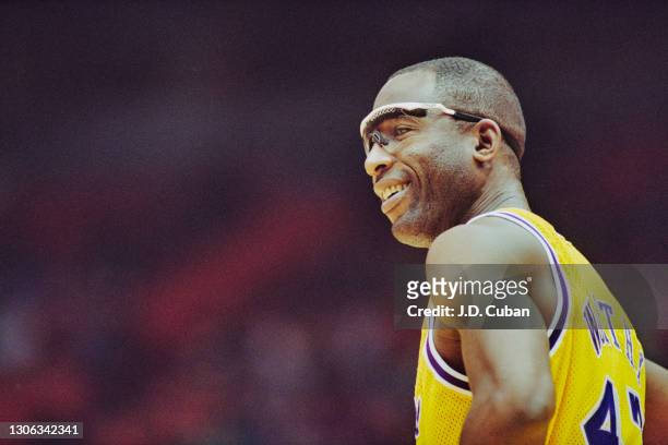 James Worthy#42, Small Forward and Power Forward for the Los Angeles Lakers during the NBA Pacific Division basketball game against the Los Angeles...