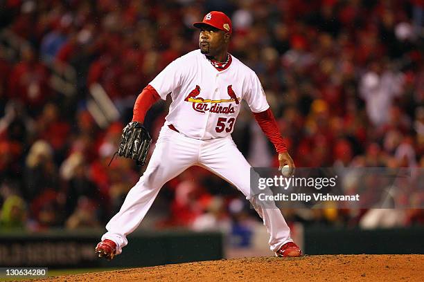 Arthur Rhodes of the St. Louis Cardinals throws a pitch against the Texas Rangers during Game One of the MLB World Series at Busch Stadium on October...