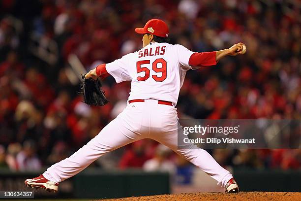 Fernando Salas of the St. Louis Cardinals throws a pitch against the Texas Rangers during Game One of the MLB World Series at Busch Stadium on...
