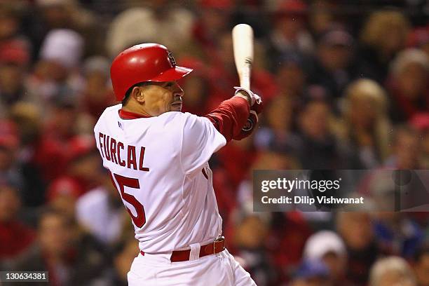 Rafael Furcal of the St. Louis Cardinals bats against the Texas Rangers during Game One of the MLB World Series at Busch Stadium on October 19, 2011...