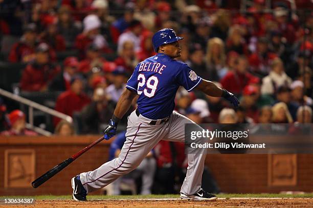 Adrian Beltre of the Texas Rangers bats against the St. Louis Cardinals during Game One of the MLB World Series at Busch Stadium on October 19, 2011...