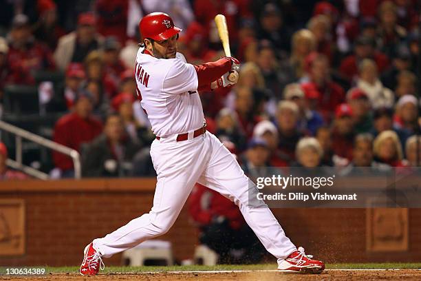 Lance Berkman of the St. Louis Cardinals bats against the Texas Rangers during Game One of the MLB World Series at Busch Stadium on October 19, 2011...