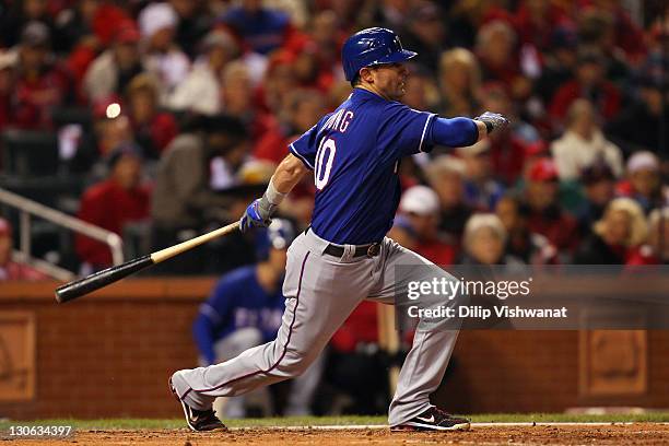 Michael Young of the Texas Rangers bats against the St. Louis Cardinals during Game One of the MLB World Series at Busch Stadium on October 19, 2011...