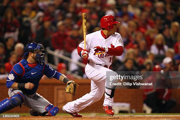 Jon Jay of the St. Louis Cardinals bats against the Texas Rangers during Game One of the MLB World Series at Busch Stadium on October 19, 2011 in St...