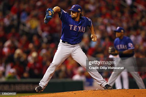 Wilson of the Texas Rangers throws a pitch against the St. Louis Cardinals during Game One of the MLB World Series at Busch Stadium on October 19,...