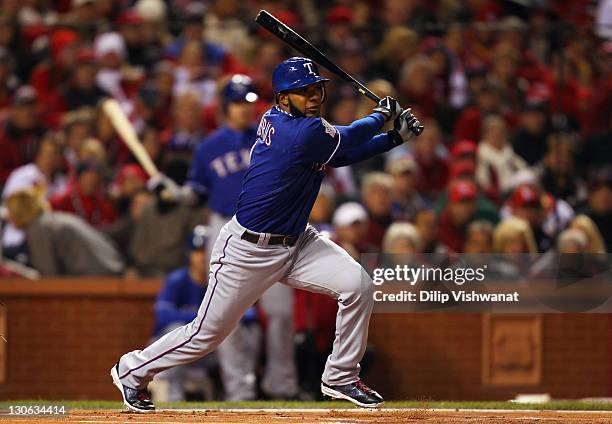 Elvis Andrus of the Texas Rangers bats against the St. Louis Cardinals during Game One of the MLB World Series at Busch Stadium on October 19, 2011...