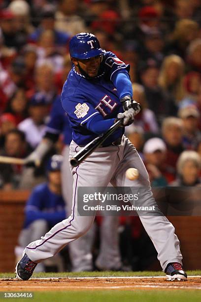 Elvis Andrus of the Texas Rangers bats against the St. Louis Cardinals during Game One of the MLB World Series at Busch Stadium on October 19, 2011...
