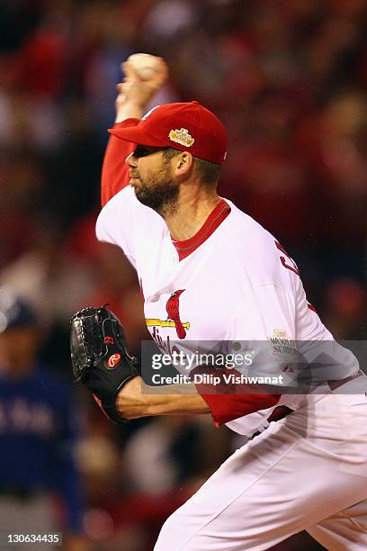 Chris Carpenter of the St. Louis Cardinals throws a pitch against the Texas Rangers during Game One of the MLB World Series at Busch Stadium on...