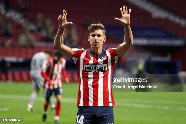 Marcos Llorente of Atletico Madrid celebrates after scoring their team's first goal during the La Liga Santander match between Atletico de Madrid and...