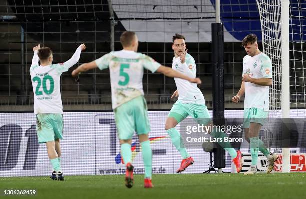 Kevin Möhwald of Bremen celebrate with his team mates after he scores his team's 2nd goal during the Bundesliga match between DSC Arminia Bielefeld...