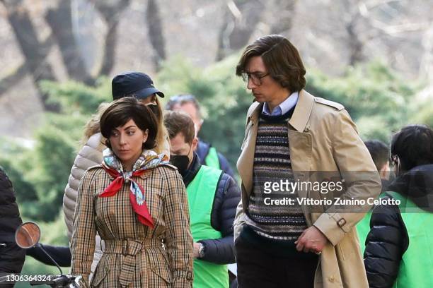 Adam Driver and Lady Gaga are seen filming 'House of Gucci' on March 10, 2021 in Milan, Italy.