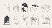 Bohemian linear logos, icons and symbols, landscape, arcs and windows design templates, geometric abstract design elements for decoration.
