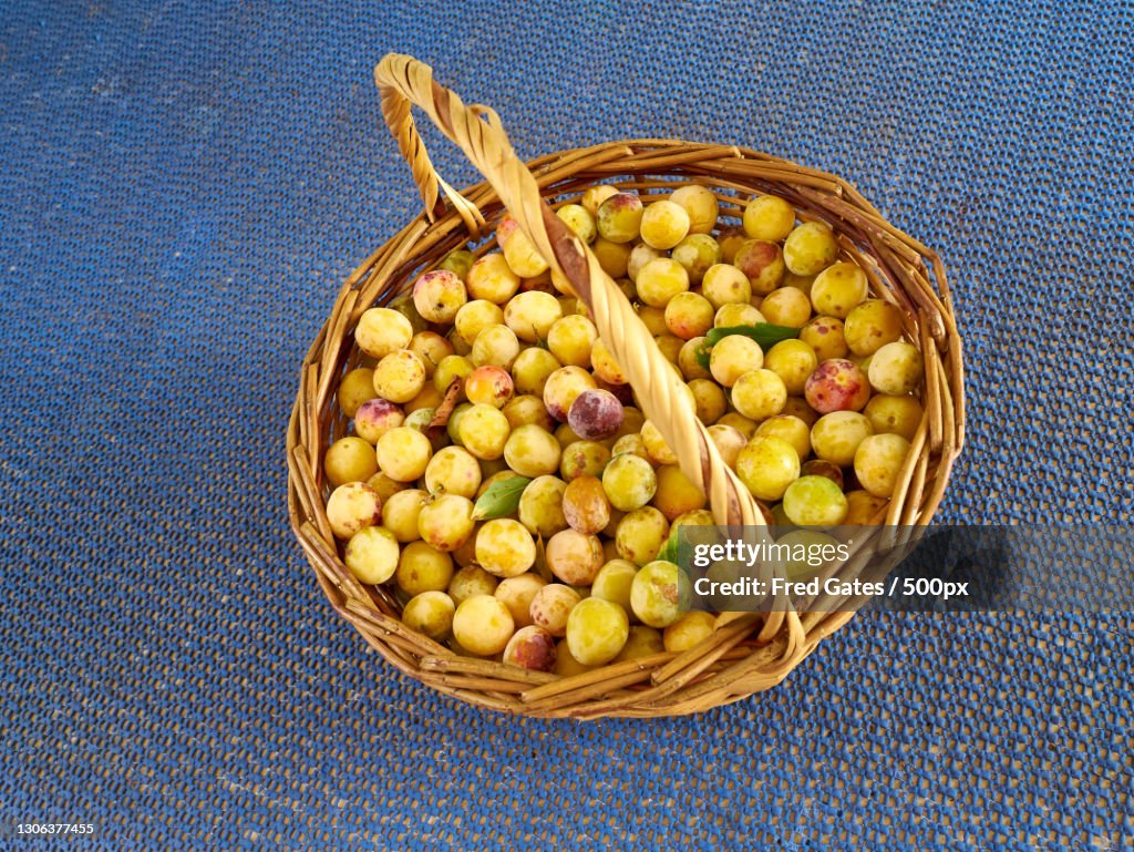 High angle view of fruits in basket on table