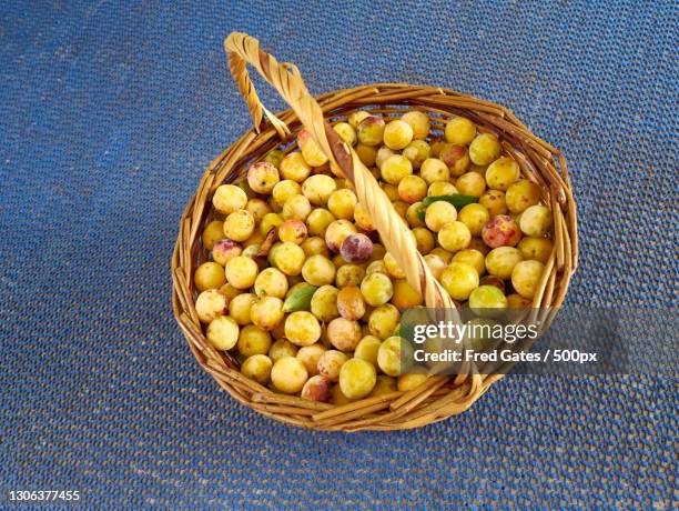 high angle view of fruits in basket on table - mirabelle plum stock pictures, royalty-free photos & images