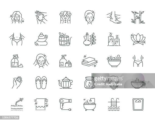 spa elements thin line icon set series - masseur stock illustrations