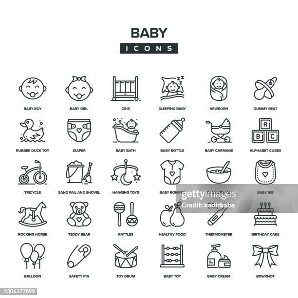 stockillustraties, clipart, cartoons en iconen met baby lijn pictogram set - diaper bag