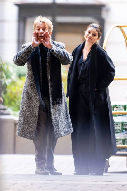 Martin Short and Selena Gomez are seen on set for "Only Murders in the Building" in the Upper West Side on March 10, 2021 in New York City.