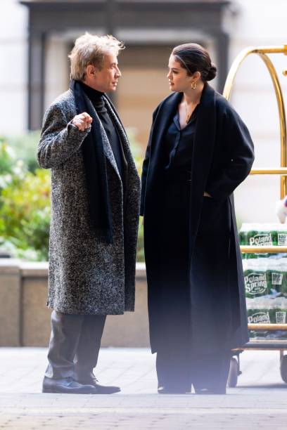 Martin Short and Selena Gomez are seen on set for "Only Murders in the Building" in the Upper West Side on March 10, 2021 in New York City.