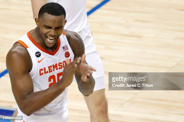 Aamir Simms of the Clemson Tigers reacts following a call during the second half of their second round game against the Miami Hurricanes in the ACC...