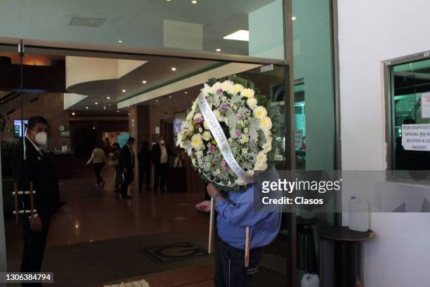 Memorial flower arrangements during the funeral service held for late Mexican film star Isela Vega at Galloso Felix Cuevas funeral parlor on March...